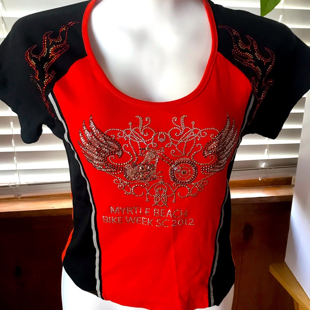 Myrtle Beach Bike Week cropped shirt  with 🔥 flame,motorcycle rhinestones-Large
